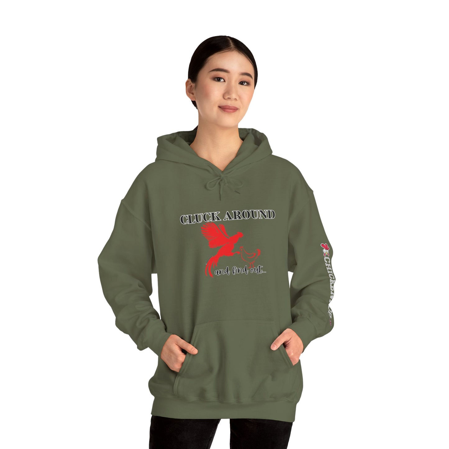 Cluck Around and Find Out Hoodie – Naughty Funny Chicken Hoodie with ChickenPop Logo Sleeve | Bold Unisex Graphic Sweatshirt