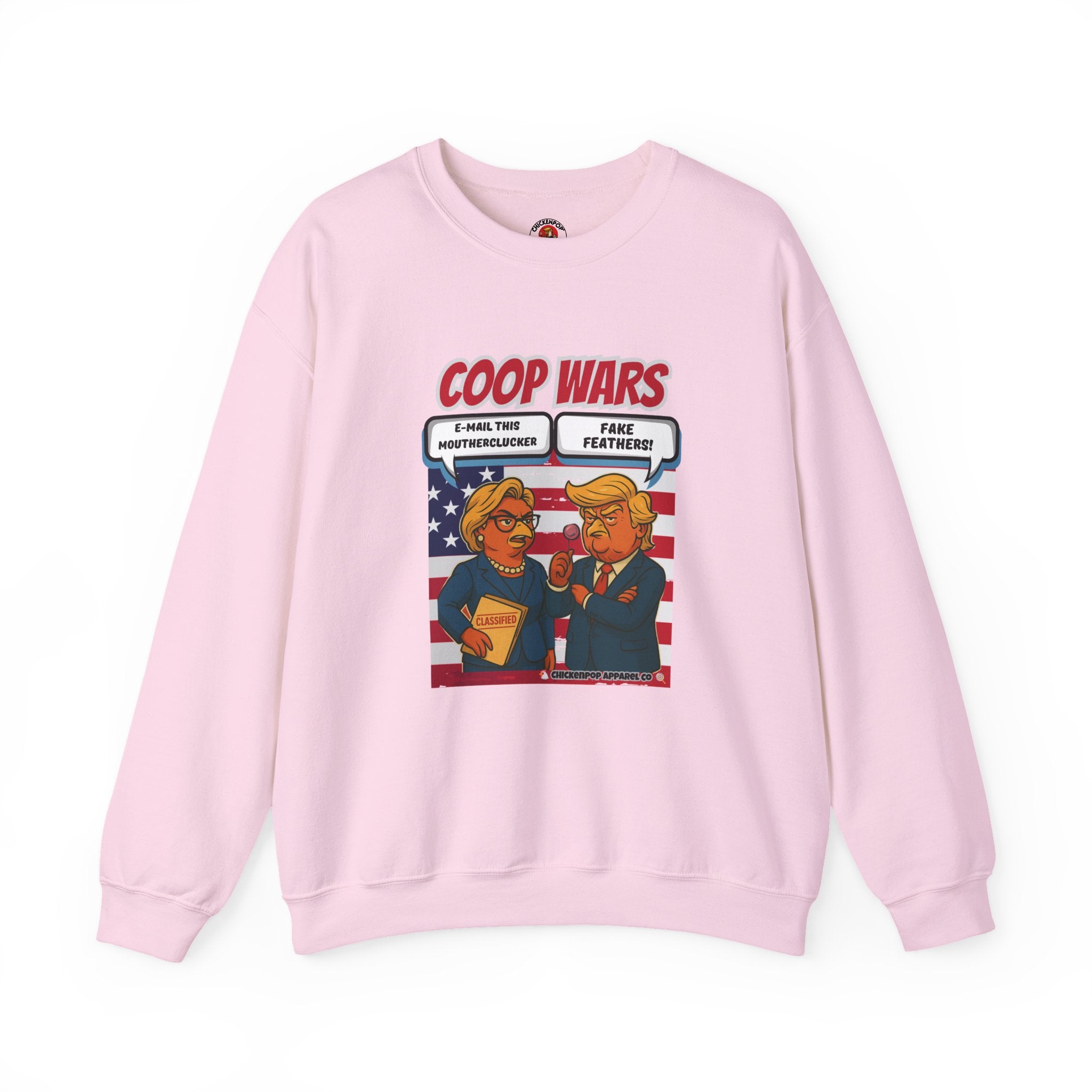 Coop Wars Crewneck Sweatshirt – Funny Political Graphic Pullover | Unisex Heavy Blend with ChickenPop Logo | Ethically Made & Cozy Cold-Weather Humor