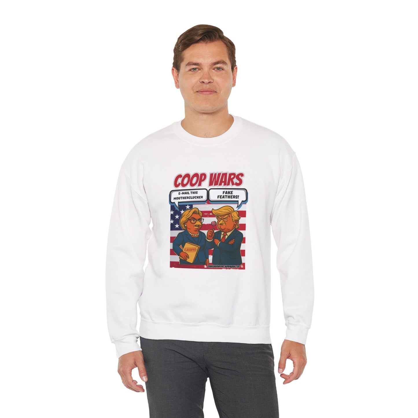 Coop Wars Crewneck Sweatshirt – Funny Political Graphic Pullover | Unisex Heavy Blend with ChickenPop Logo | Ethically Made & Cozy Cold-Weather Humor