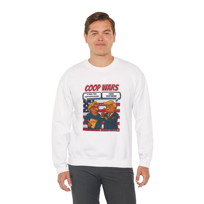 Coop Wars Crewneck Sweatshirt – Funny Political Graphic Pullover | Unisex Heavy Blend with ChickenPop Logo | Ethically Made & Cozy Cold-Weather Humor