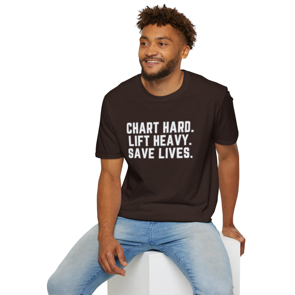 Chart Hard. Lift Heavy. Save Lives. Nurse Tee | Funny Fitness Healthcare Worker Shirt | Gym RN Apparel