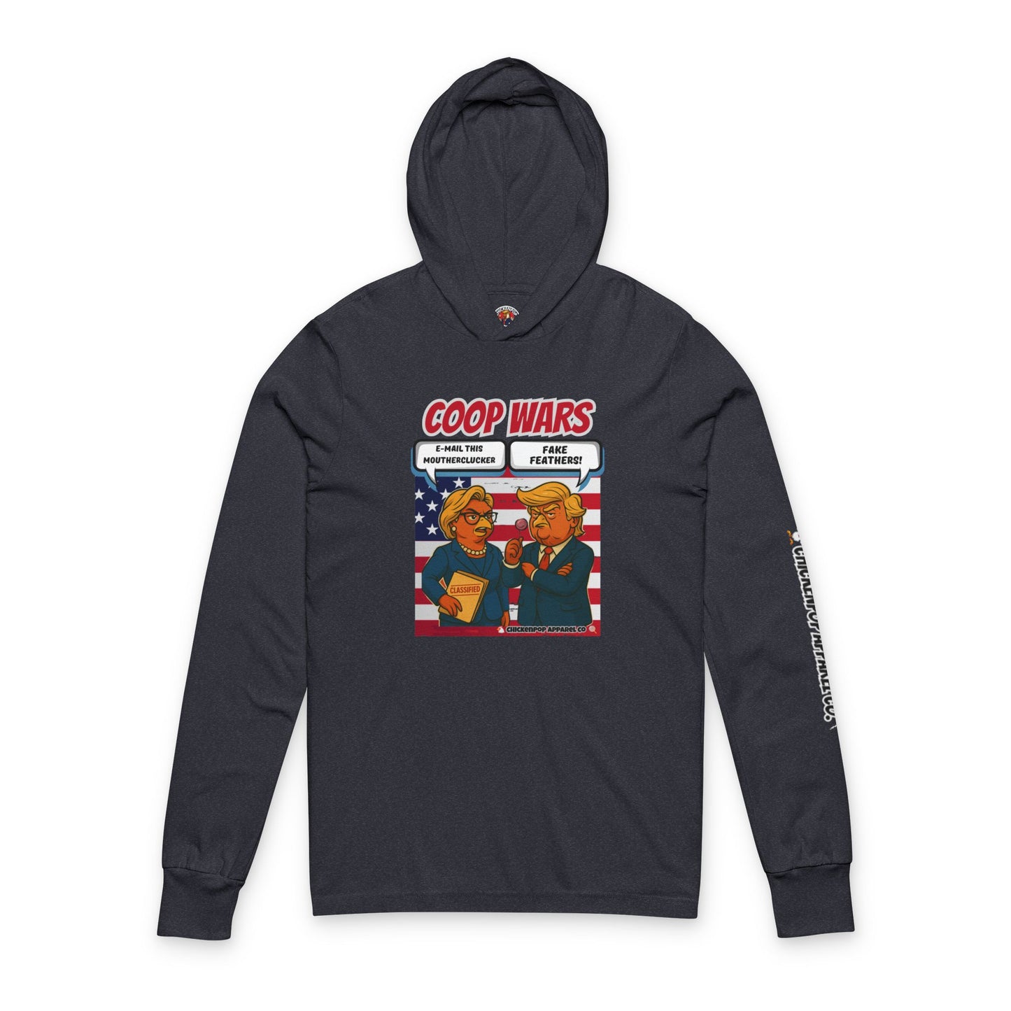 Coop Wars Long Sleeve Hooded T-Shirt – Unisex Lightweight Hoodie Tee with ChickenPop Sleeve Logo | Funny Political Graphic Pullover for Everyday Rebels