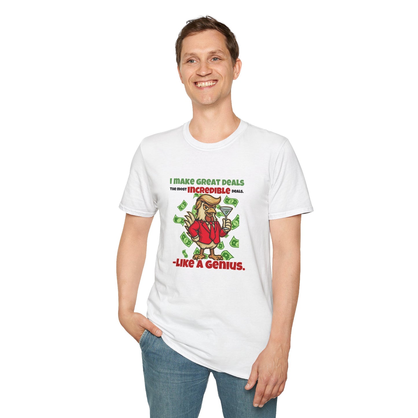 Cock-a-Doodle-Don “Like a Genius” Money Deal Rooster Tee – Funny Political Satire Shirt | ChickenPop Apparel Co.