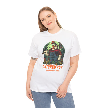 Zombie Chicken Shirt - King Halloween T-Shirt featuring a spooky cartoon chicken in overalls with axe, perfect for costume parties and horror fans.