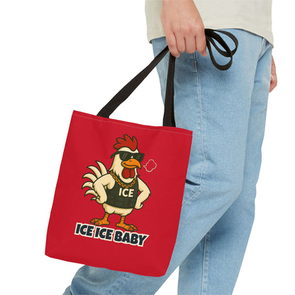 Ice Ice Baby Chicken Tote Bag – Funny Coop Daddy Design, Bold Red Reusable Shopping Bag