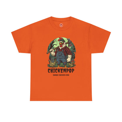 Zombie Chicken Shirt - King Halloween T-Shirt features a spooky cartoon chicken in overalls with an axe in a haunted forest. Unisex funny cotton tee.