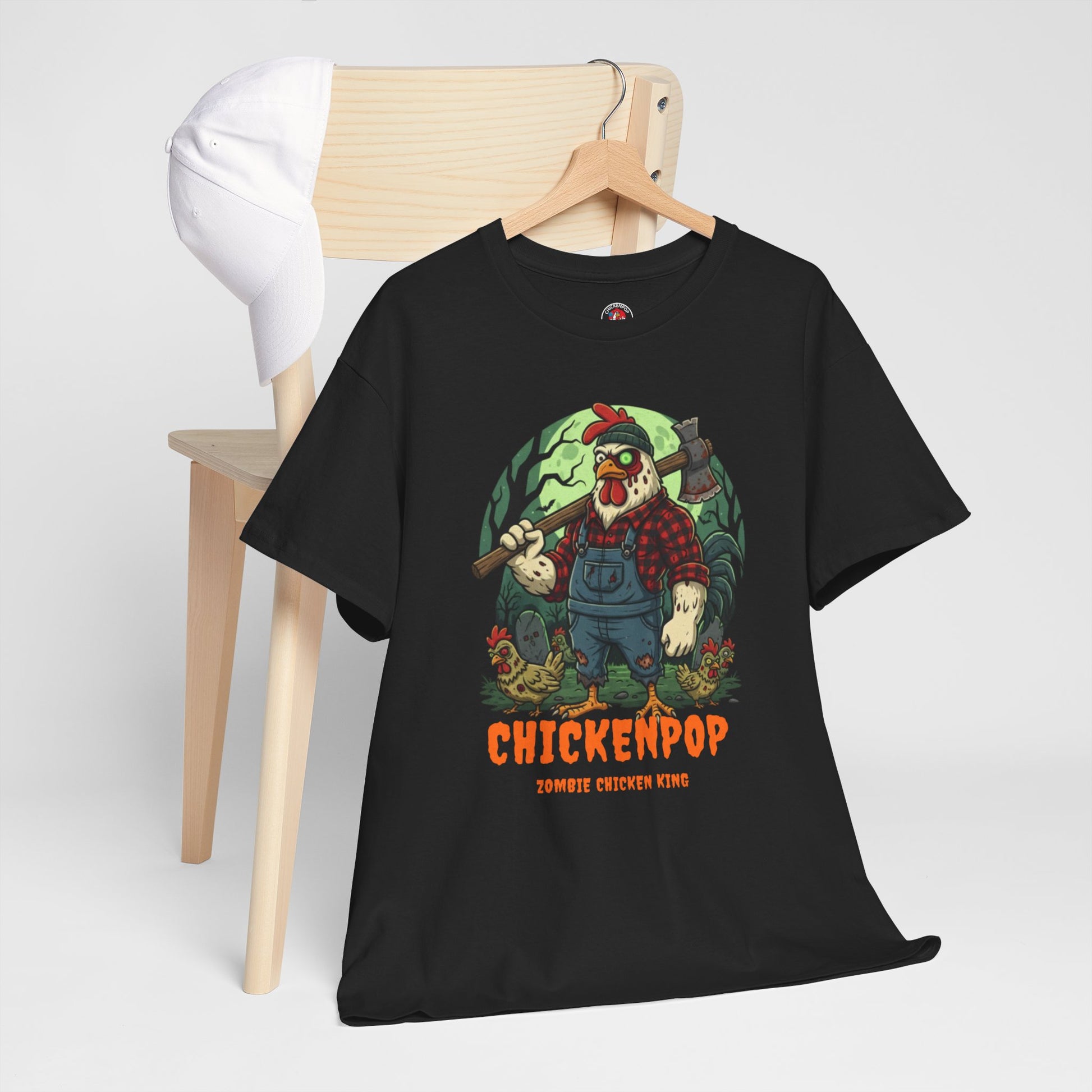Zombie Chicken Shirt - King Halloween T-Shirt featuring a spooky chicken with axe in forest. Unisex funny tee for costume parties and horror fans.