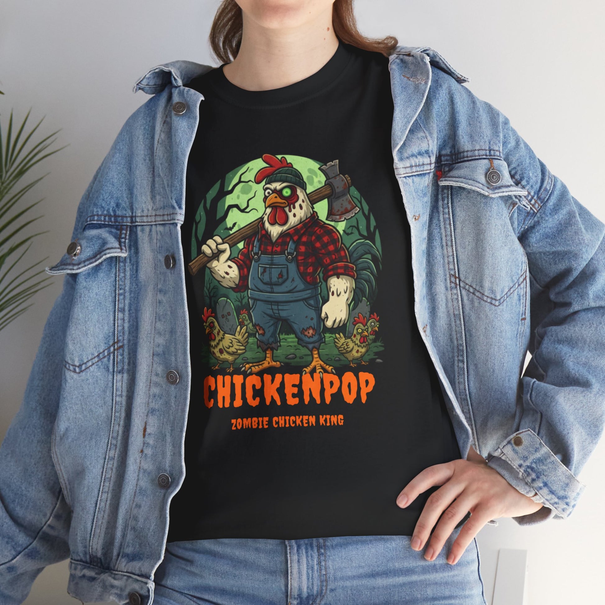 Zombie Chicken Shirt - King Halloween T-Shirt featuring a spooky chicken in overalls with an axe, perfect for costume parties and horror fans.