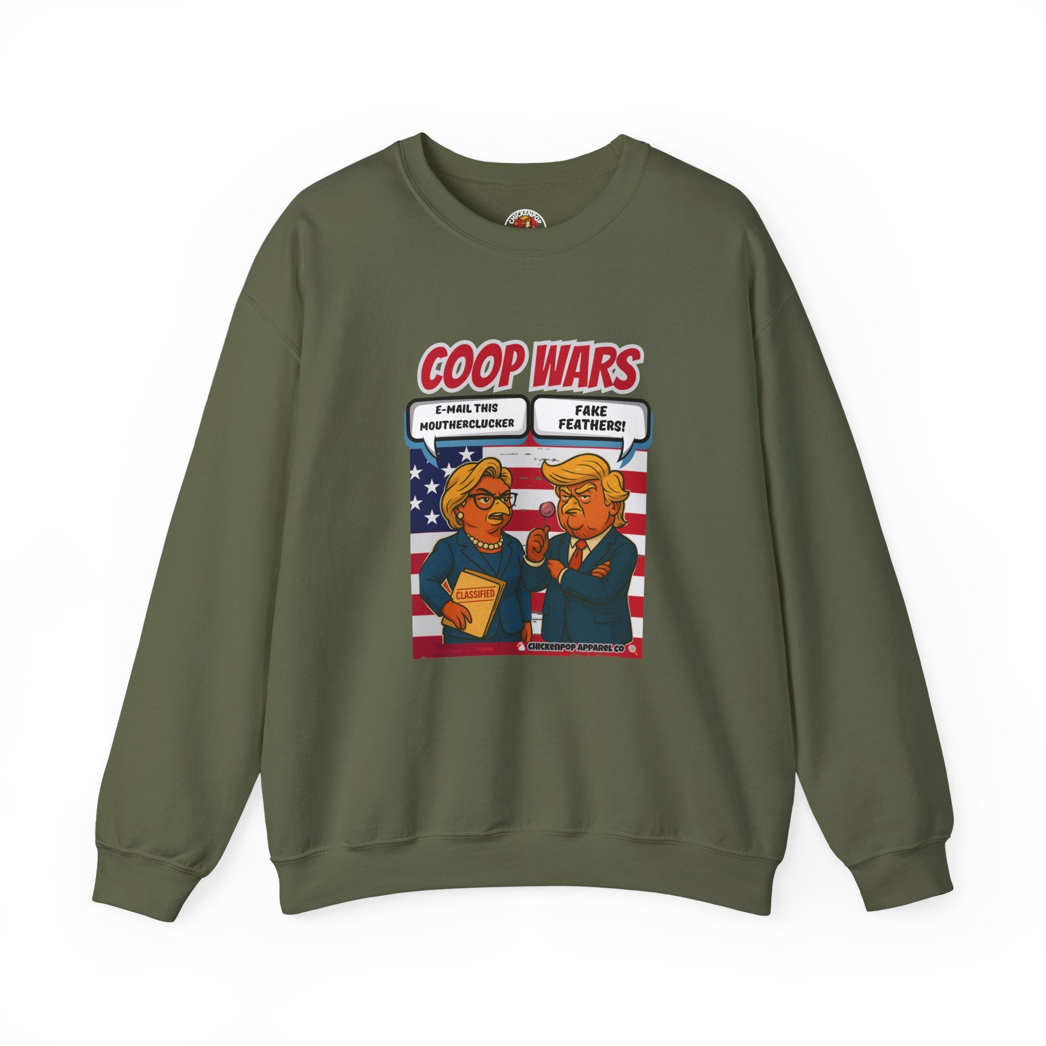 Coop Wars Crewneck Sweatshirt – Funny Political Graphic Pullover | Unisex Heavy Blend with ChickenPop Logo | Ethically Made & Cozy Cold-Weather Humor