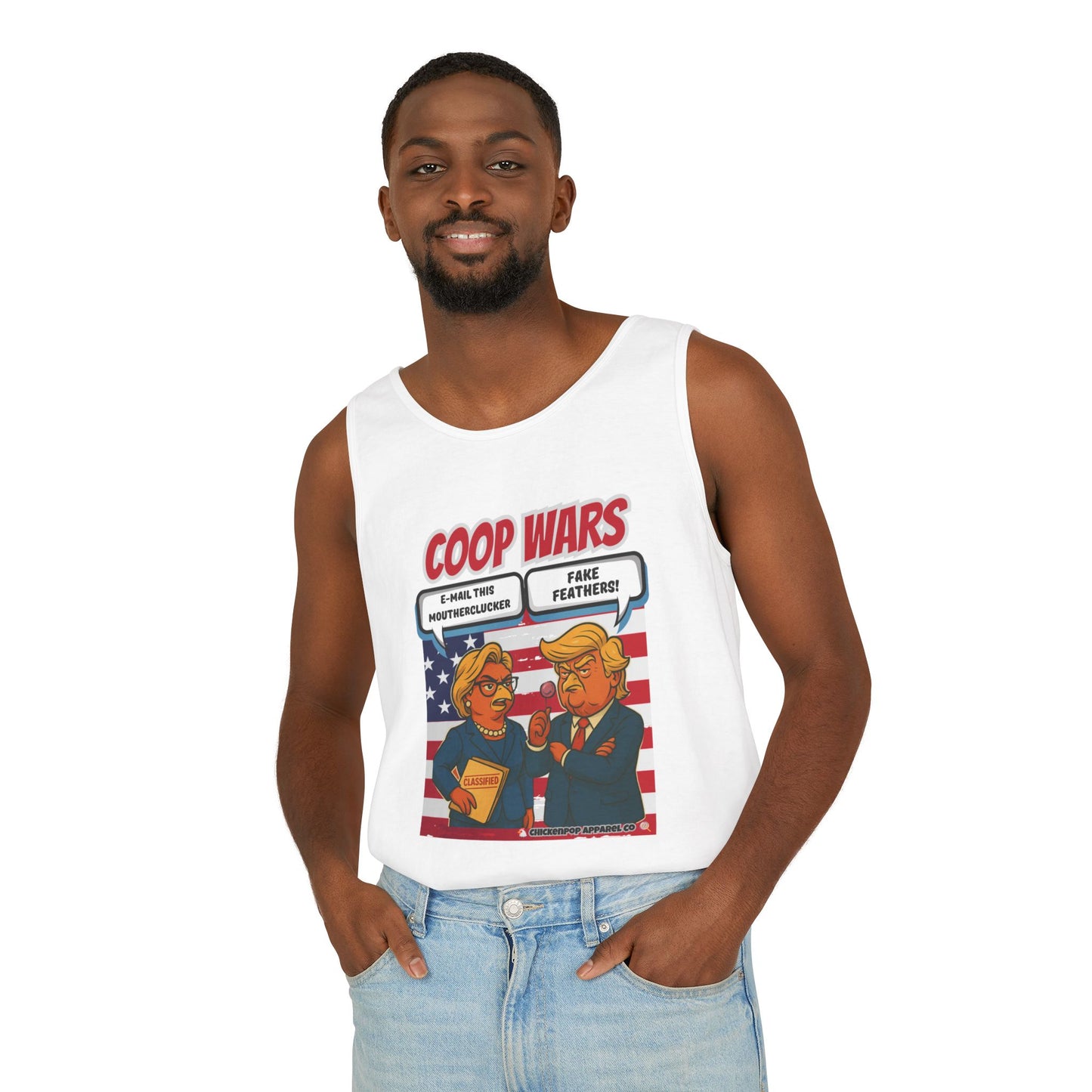 Coop Wars™ Unisex Tank Top – Hilaregg Cluckton vs. Cock-a-Doodle-Don | Political Satire Sleeveless Tee
