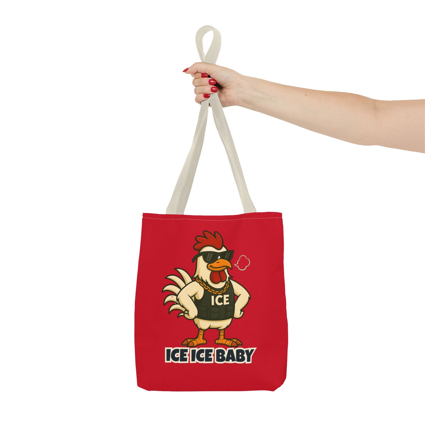 Ice Ice Baby Chicken Tote Bag – Funny Coop Daddy Design, Bold Red Reusable Shopping Bag
