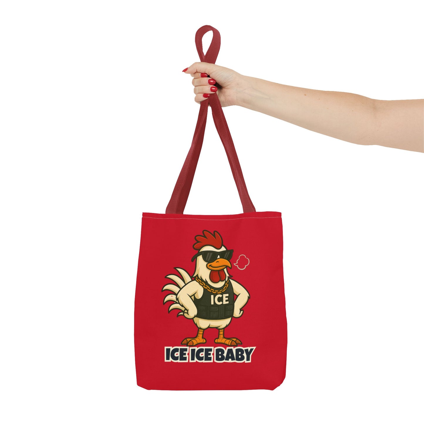 Ice Ice Baby Chicken Tote Bag – Funny Coop Daddy Design, Bold Red Reusable Shopping Bag