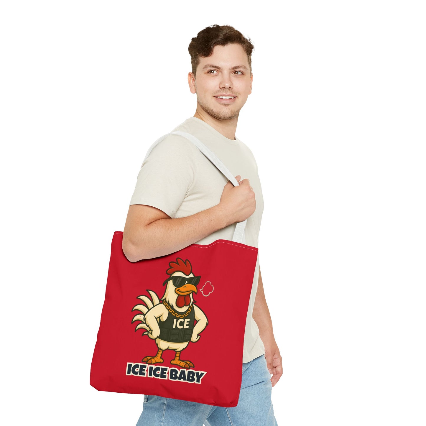Ice Ice Baby Chicken Tote Bag – Funny Coop Daddy Design, Bold Red Reusable Shopping Bag