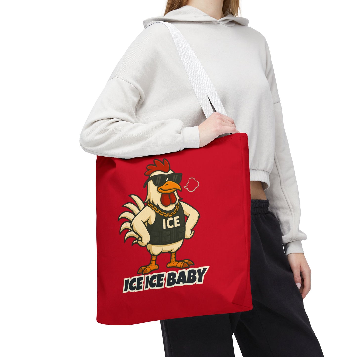 Ice Ice Baby Chicken Tote Bag – Funny Coop Daddy Design, Bold Red Reusable Shopping Bag