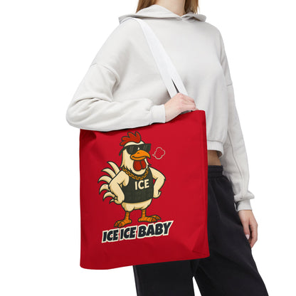 Ice Ice Baby Chicken Tote Bag – Funny Coop Daddy Design, Bold Red Reusable Shopping Bag