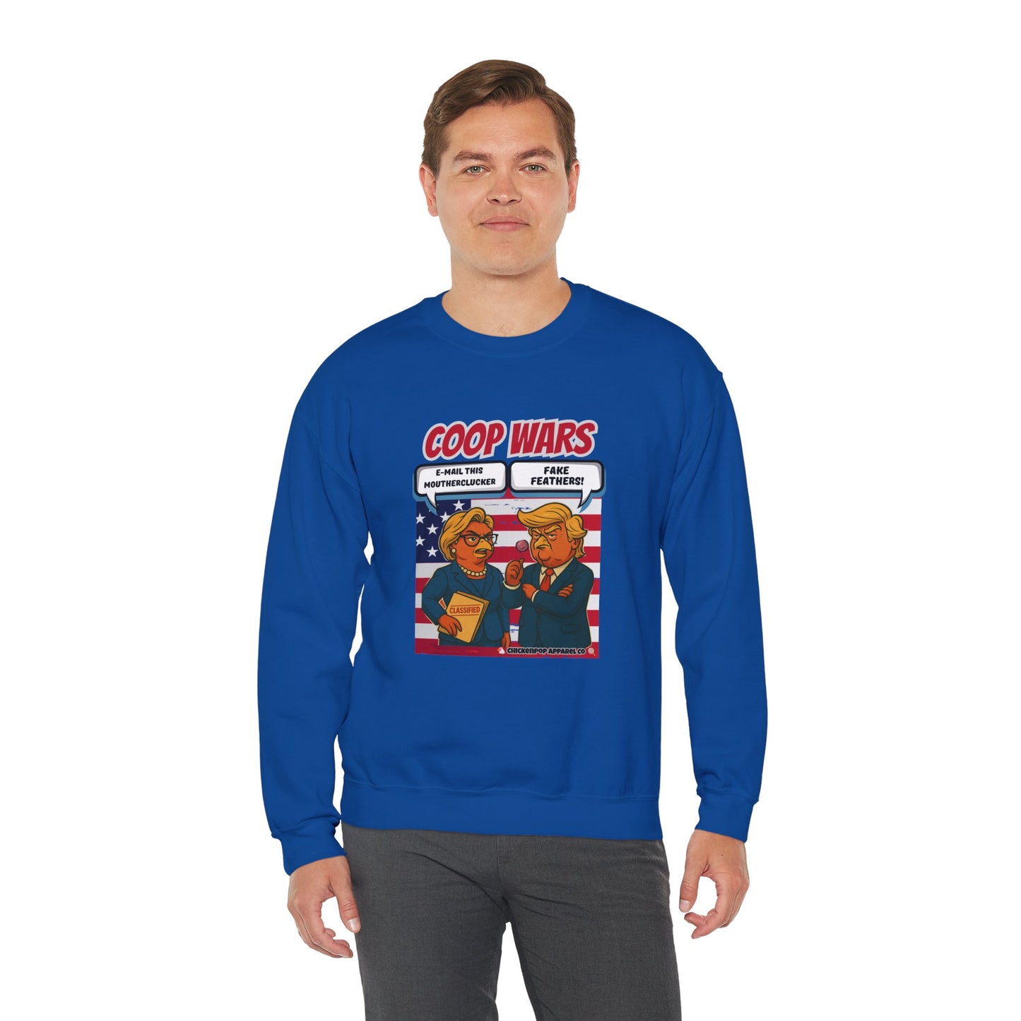 Coop Wars Crewneck Sweatshirt – Funny Political Graphic Pullover | Unisex Heavy Blend with ChickenPop Logo | Ethically Made & Cozy Cold-Weather Humor