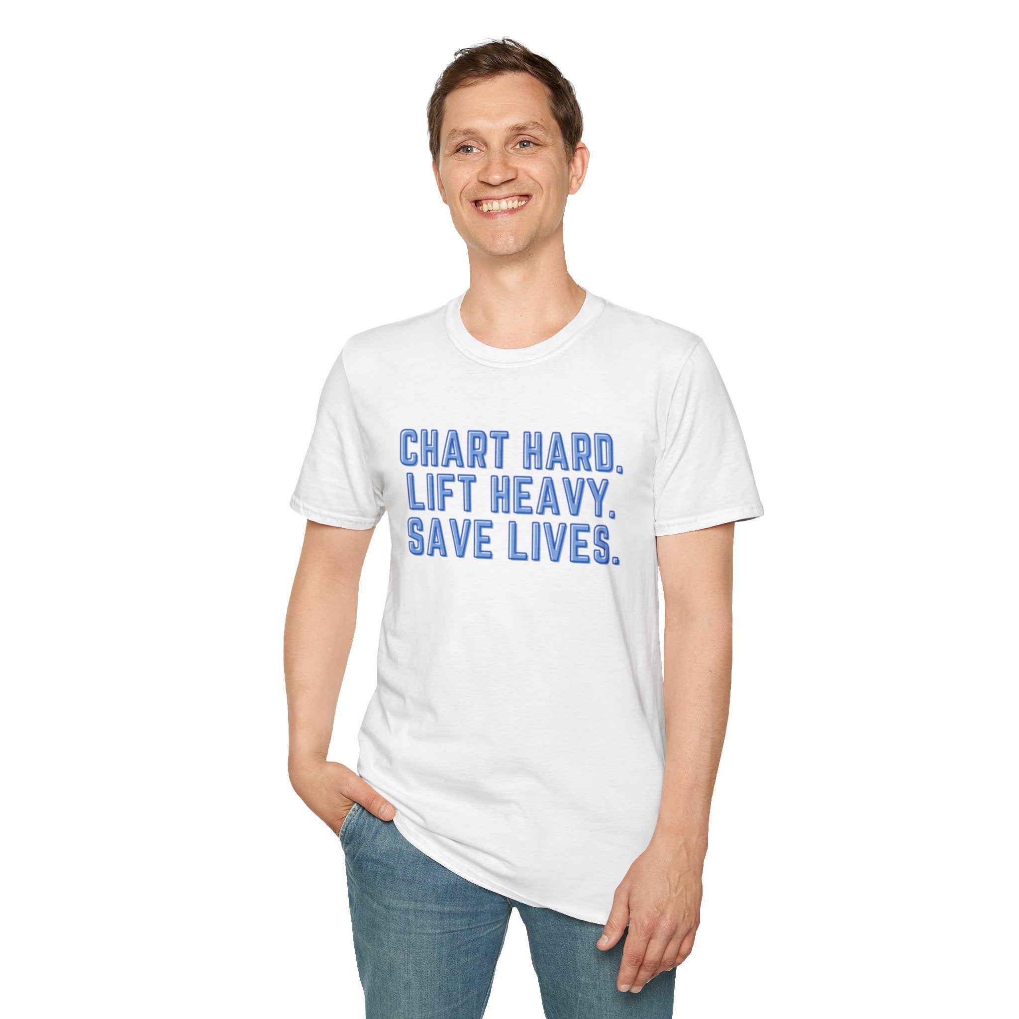 Chart Hard. Lift Heavy. Save Lives. Nurse Tee | Funny Fitness Healthcare Worker Shirt | Gym RN Apparel