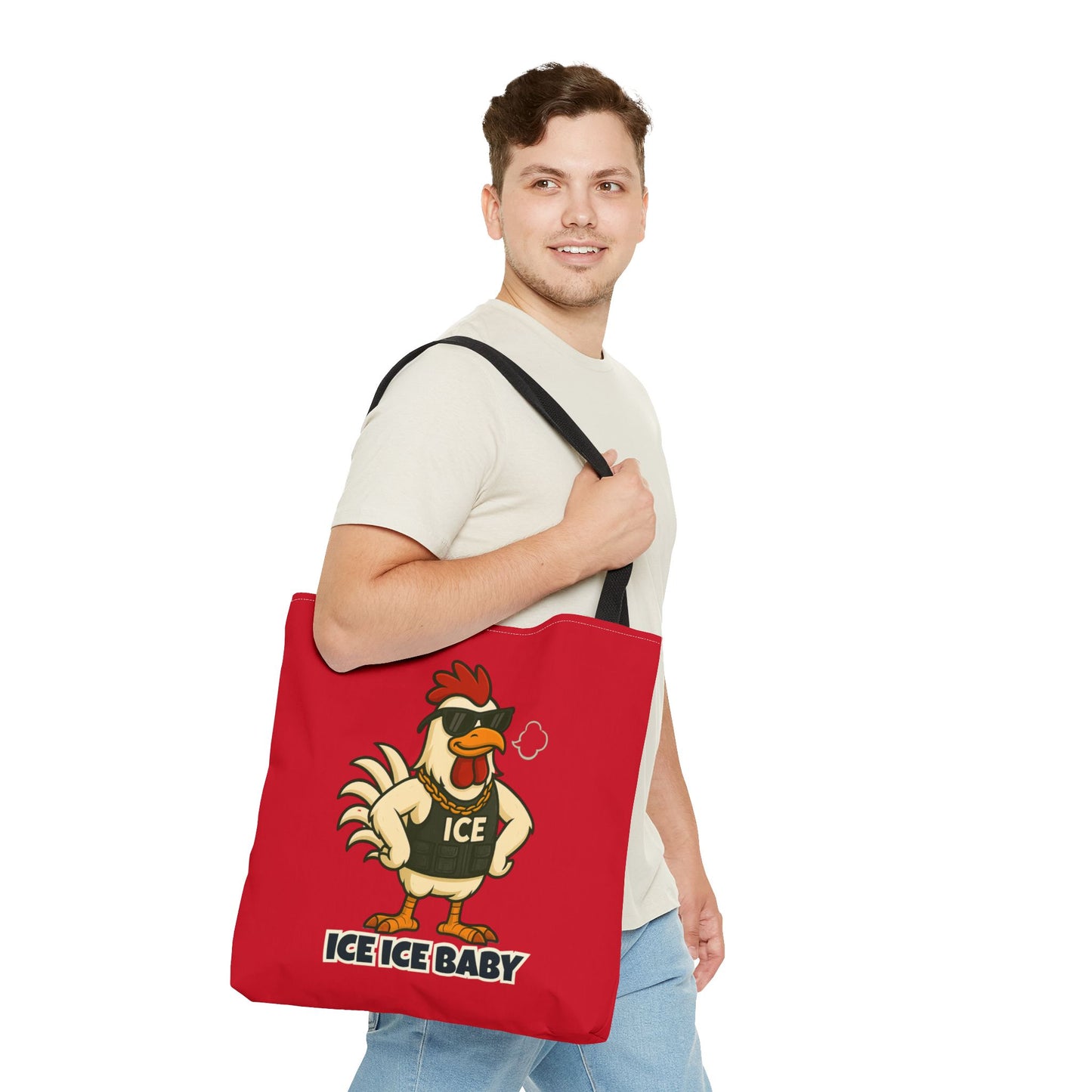Ice Ice Baby Chicken Tote Bag – Funny Coop Daddy Design, Bold Red Reusable Shopping Bag
