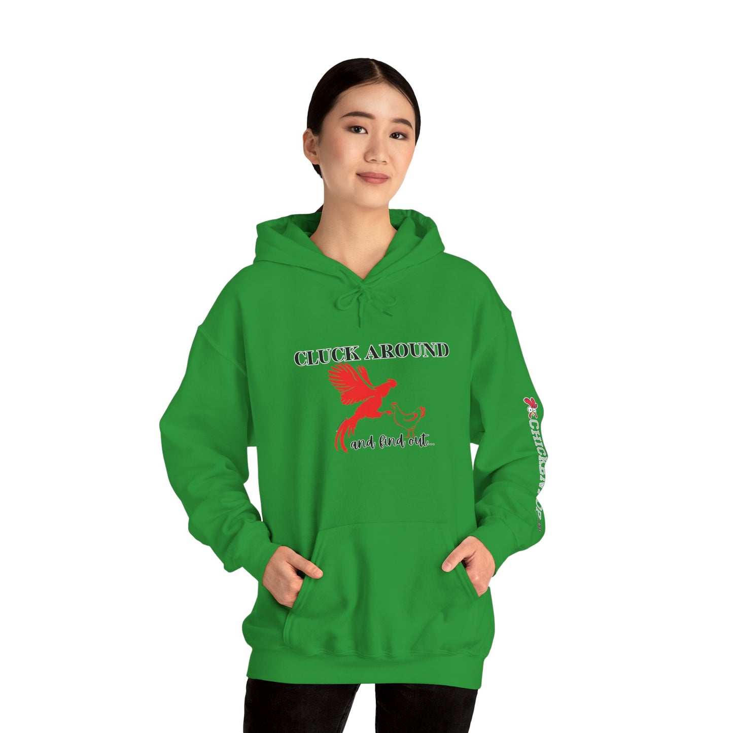 Cluck Around and Find Out Hoodie – Naughty Funny Chicken Hoodie with ChickenPop Logo Sleeve | Bold Unisex Graphic Sweatshirt
