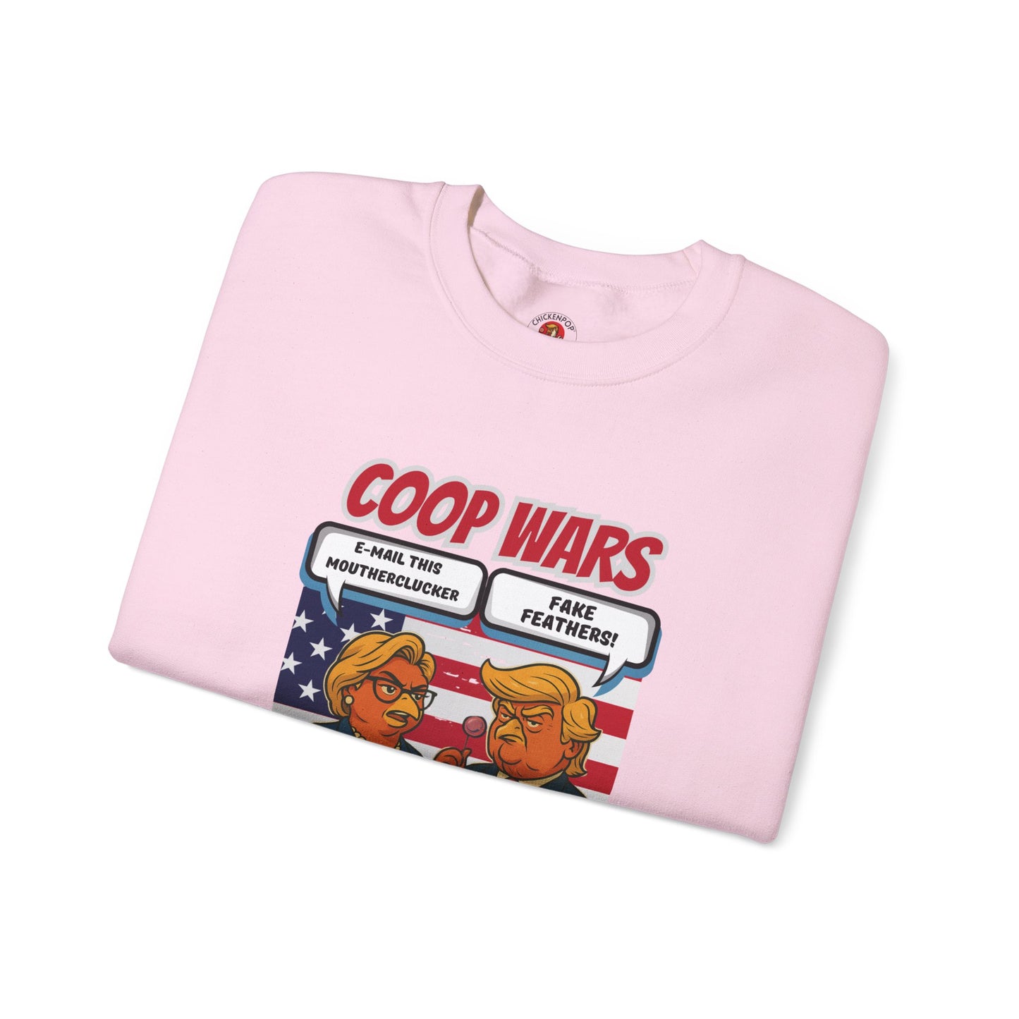 Coop Wars Crewneck Sweatshirt – Funny Political Graphic Pullover | Unisex Heavy Blend with ChickenPop Logo | Ethically Made & Cozy Cold-Weather Humor