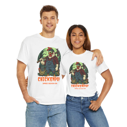 Unisex Zombie Chicken Shirt featuring a spooky cartoon chicken king in overalls, perfect for Halloween parties and horror-themed events.