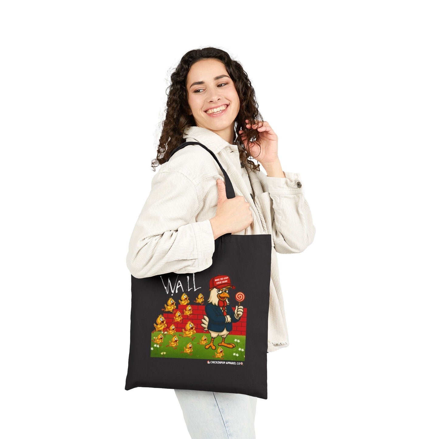 Another Chick Thru The Wall Canvas Tote Bag – Funny Political Chicken Graphic | Heavy-Duty Cotton in Natural or Black | Reusable Eco Satire Shopper