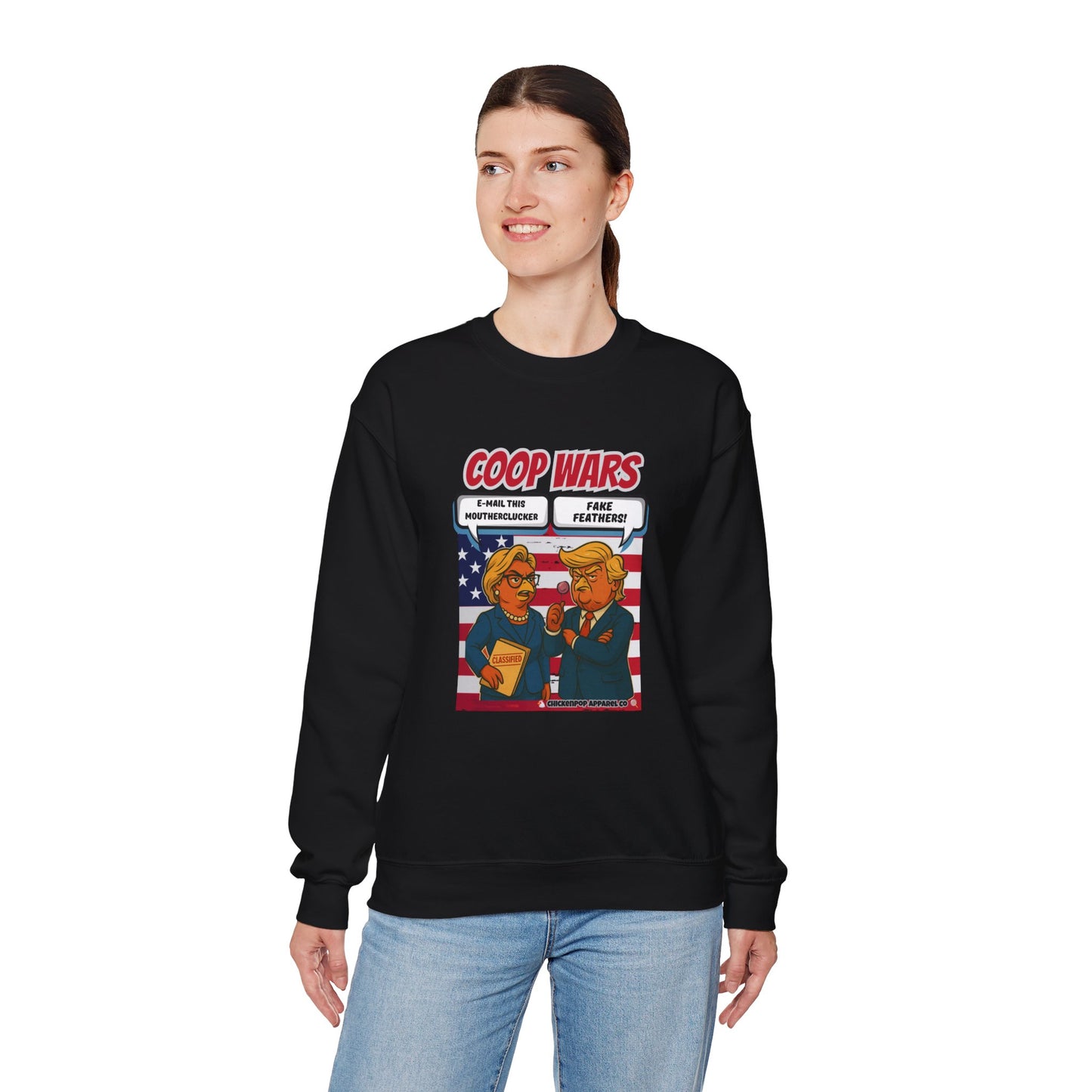 Coop Wars Crewneck Sweatshirt – Funny Political Graphic Pullover | Unisex Heavy Blend with ChickenPop Logo | Ethically Made & Cozy Cold-Weather Humor