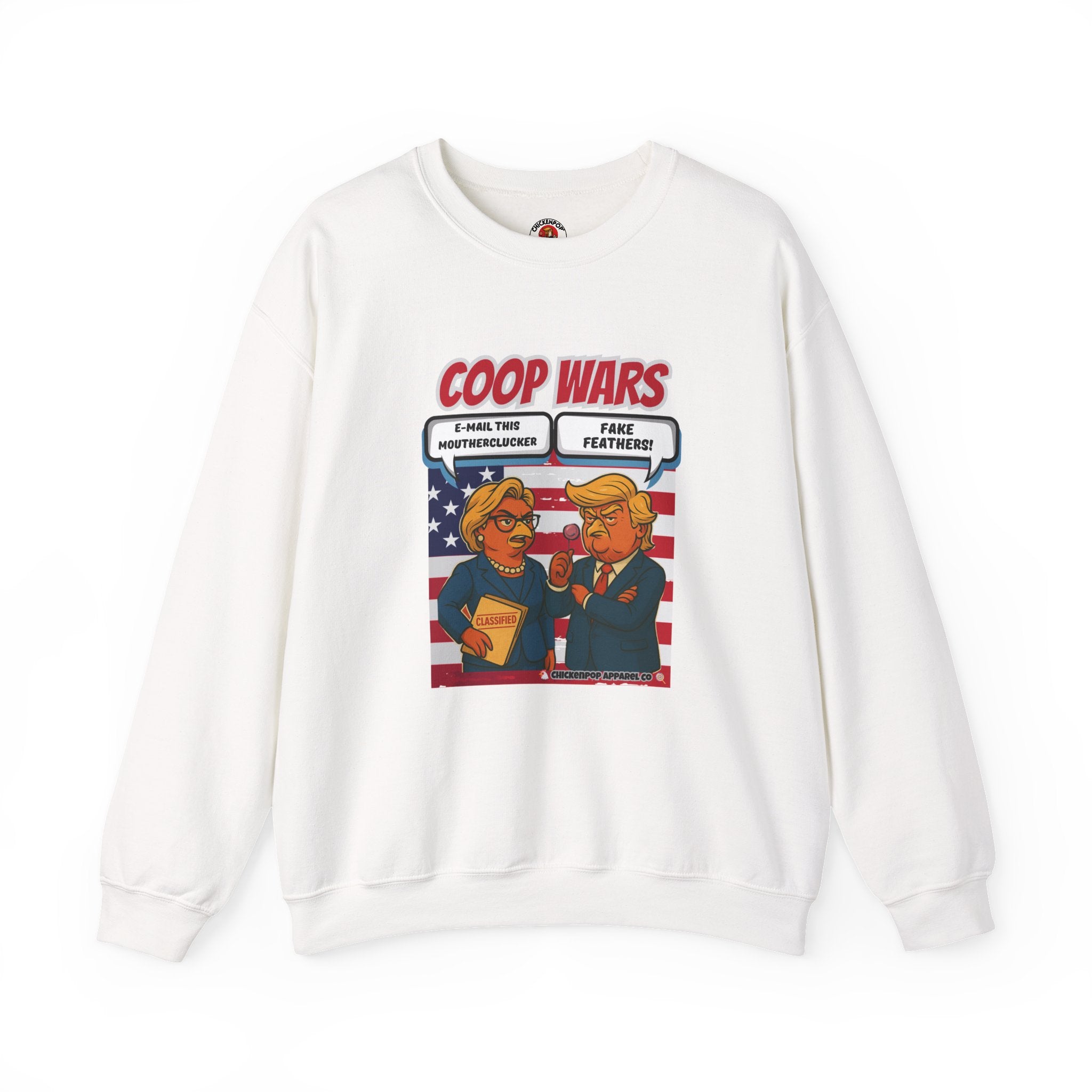 Coop Wars Crewneck Sweatshirt – Funny Political Graphic Pullover | Unisex Heavy Blend with ChickenPop Logo | Ethically Made & Cozy Cold-Weather Humor