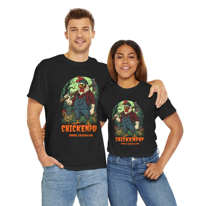 Unisex Zombie Chicken Shirt featuring a spooky cartoon chicken king in overalls with 'ChickenPop' text. Perfect Halloween T-shirt for horror fans.