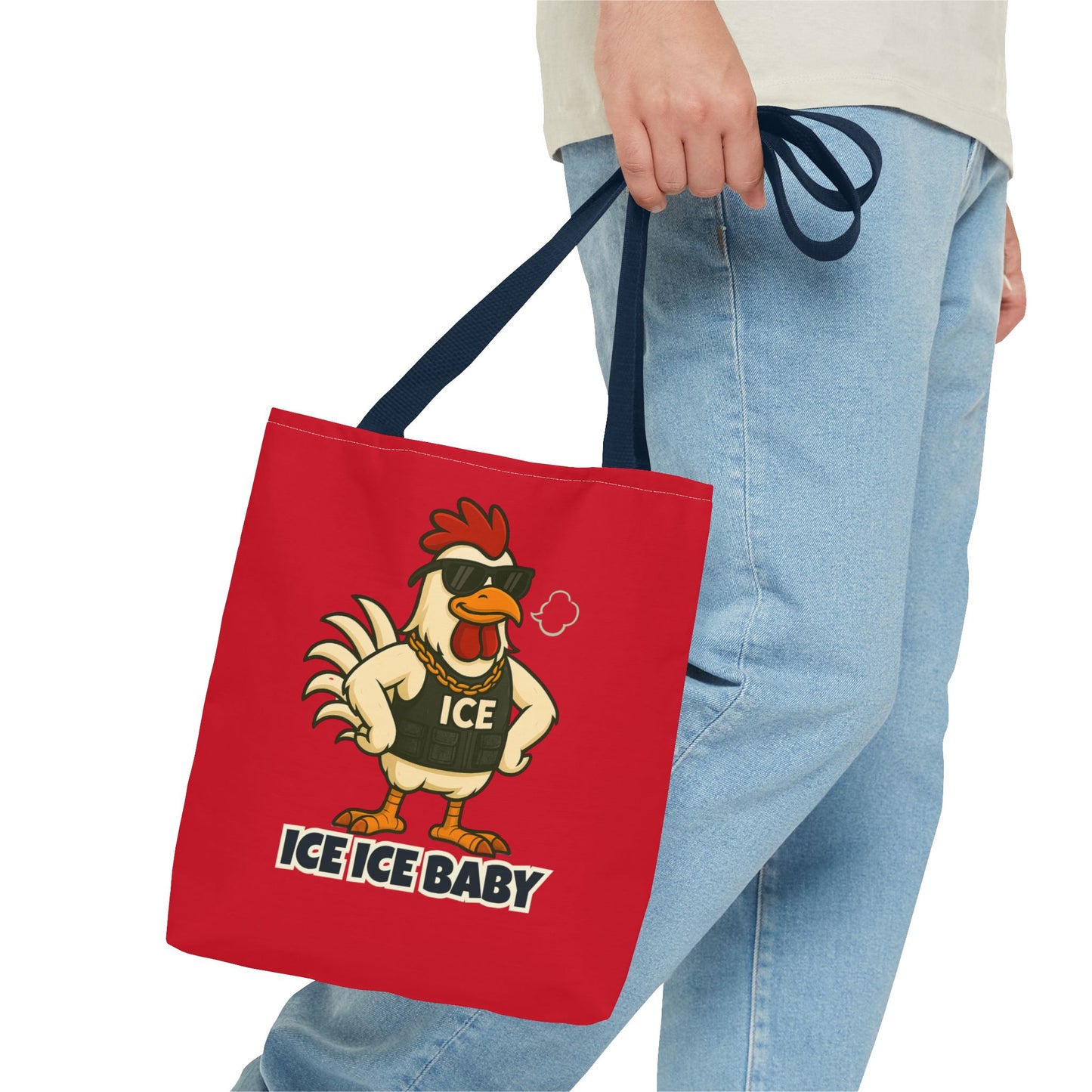 Ice Ice Baby Chicken Tote Bag – Funny Coop Daddy Design, Bold Red Reusable Shopping Bag
