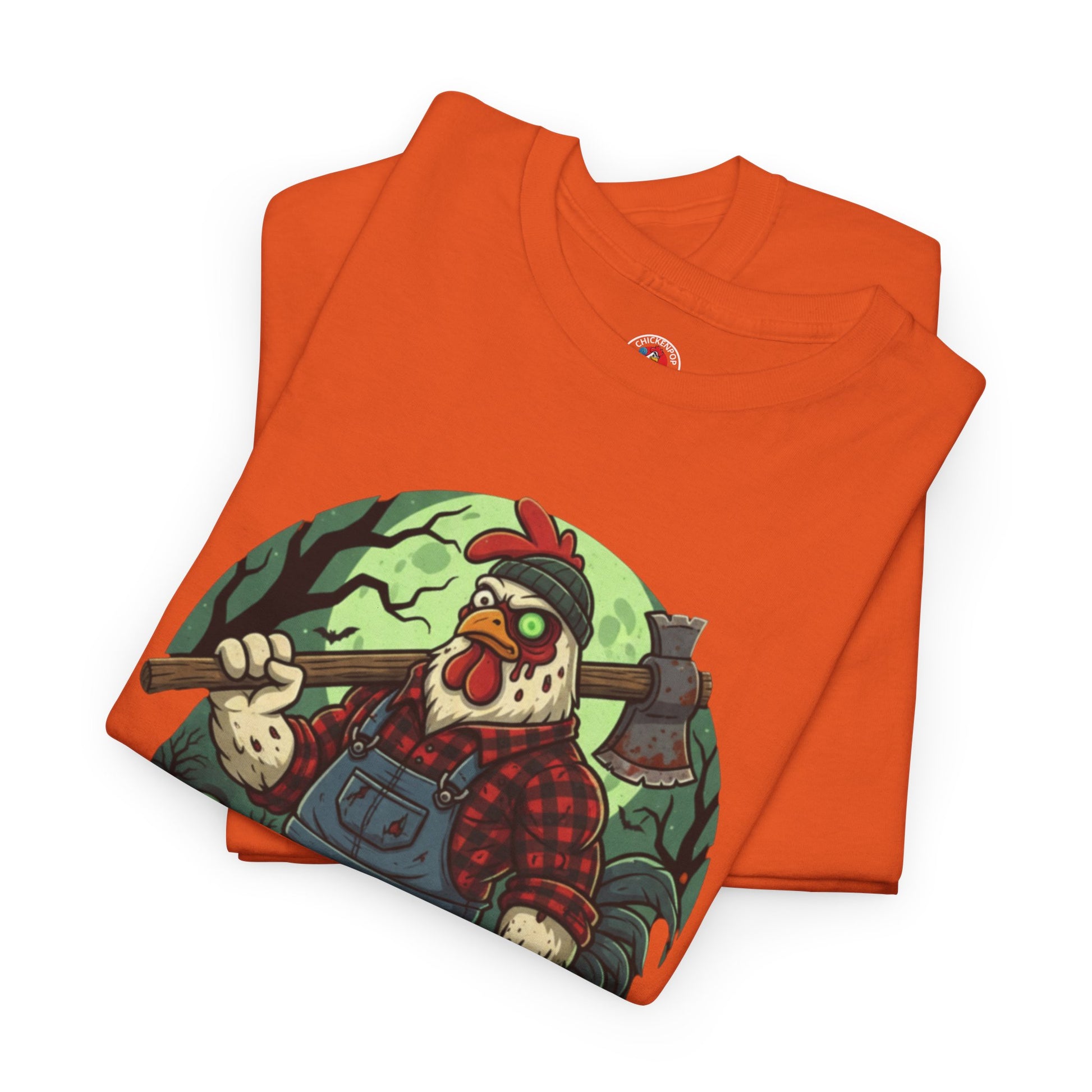 Zombie Chicken Shirt - King Halloween T-Shirt features a spooky cartoon chicken in overalls holding an axe, perfect for horror-themed parties.