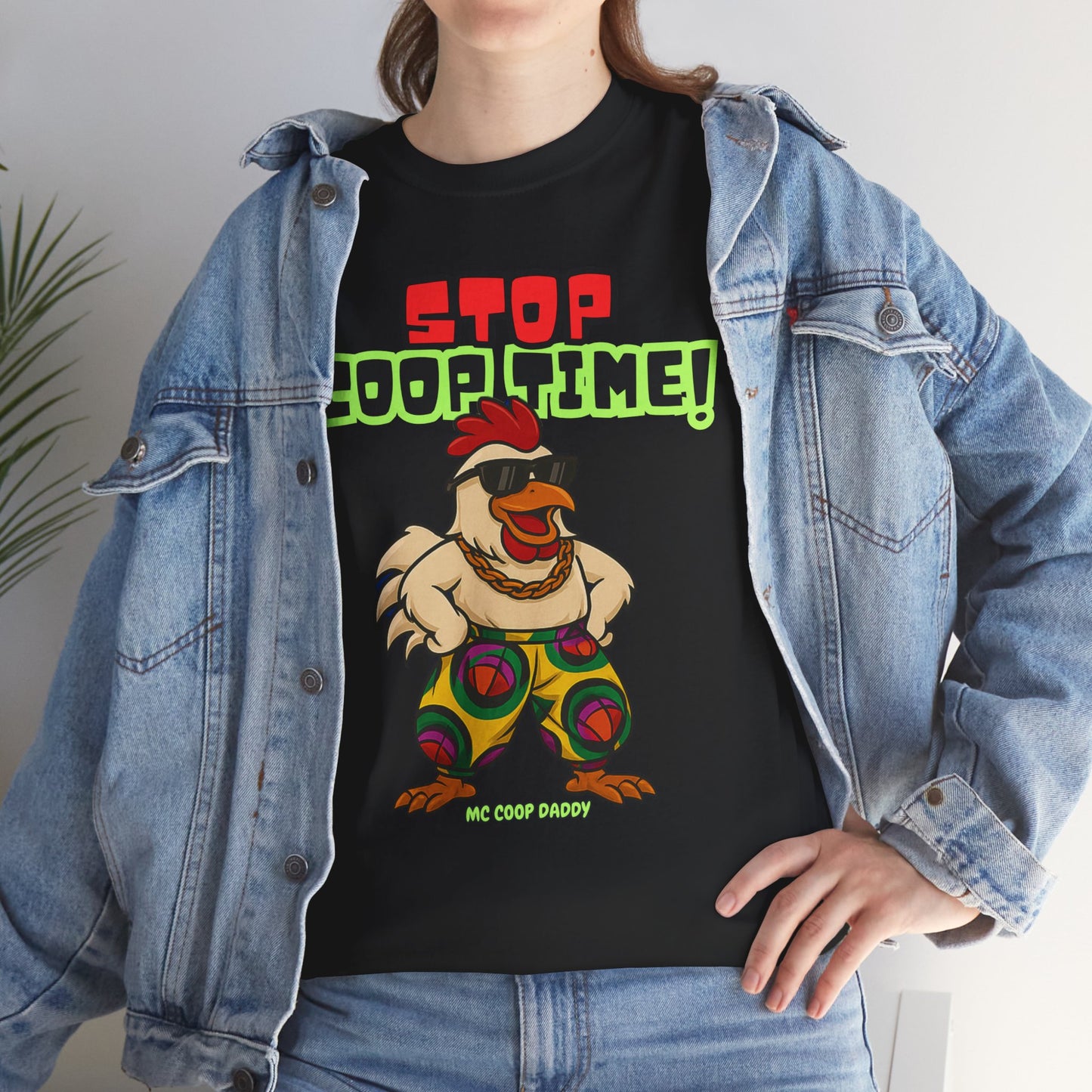 Stop COOP TIME! Funny Chicken T-Shirt – MC Coop Daddy 90s Hip Hop Parody Tee | Unisex Heavy Cotton | ChickenPop Apparel