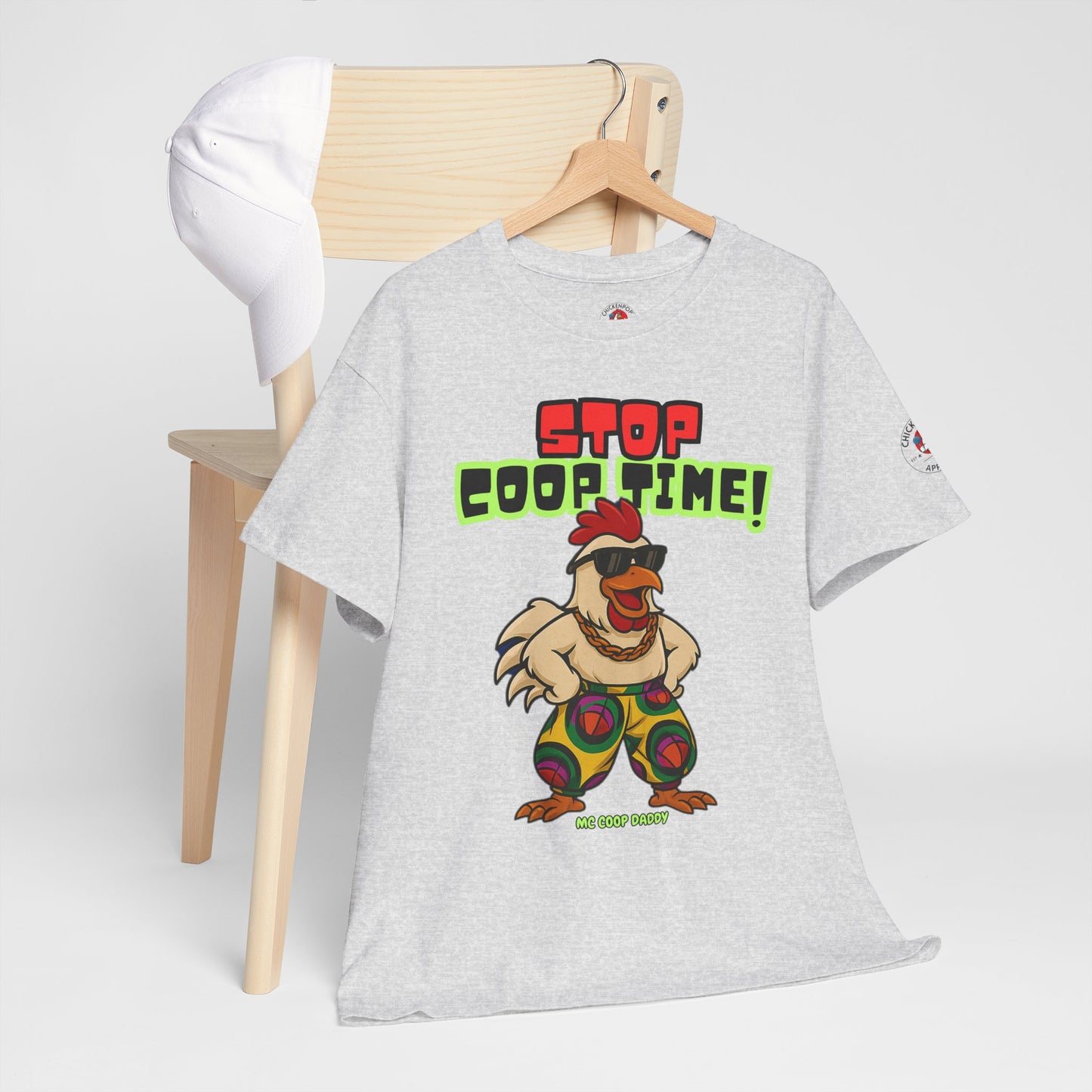 Stop COOP TIME! Funny Chicken T-Shirt – MC Coop Daddy 90s Hip Hop Parody Tee | Unisex Heavy Cotton | ChickenPop Apparel