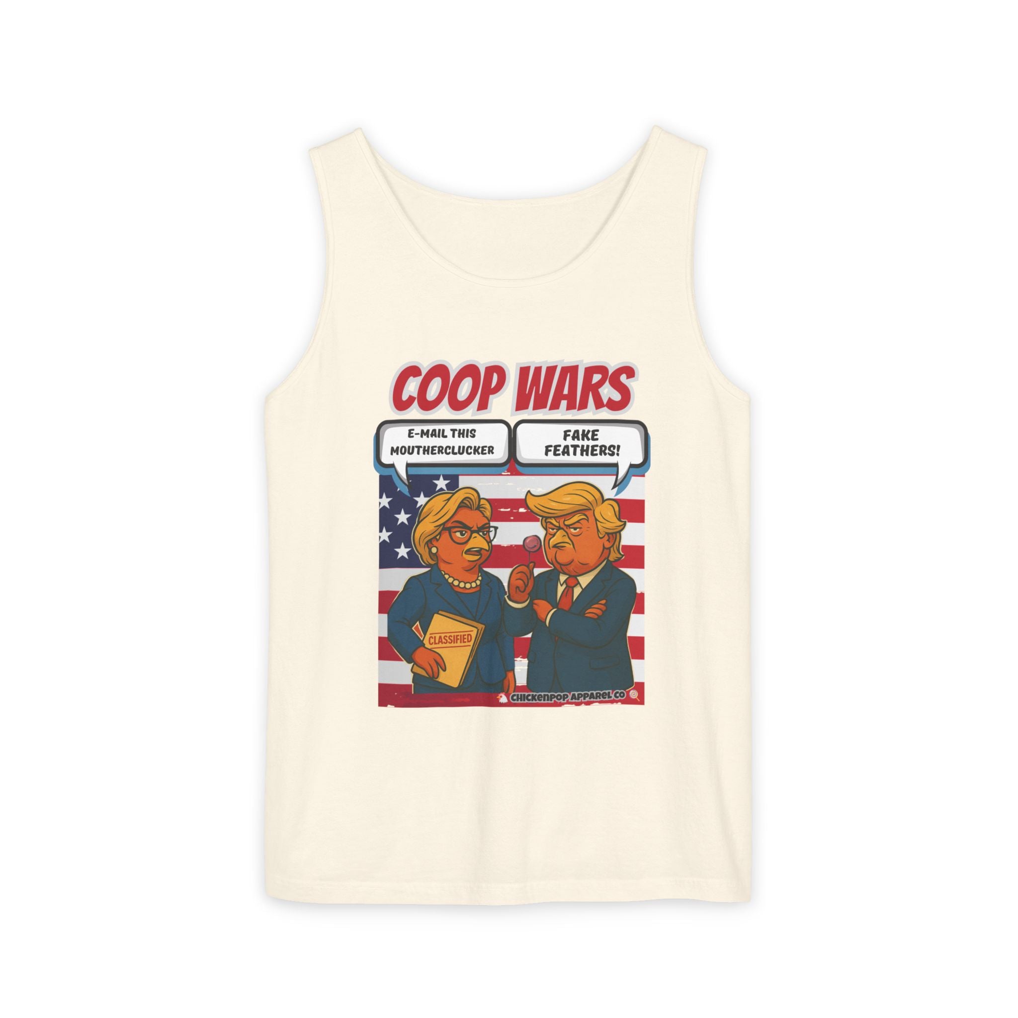 Coop Wars™ Unisex Tank Top – Hilaregg Cluckton vs. Cock-a-Doodle-Don | Political Satire Sleeveless Tee