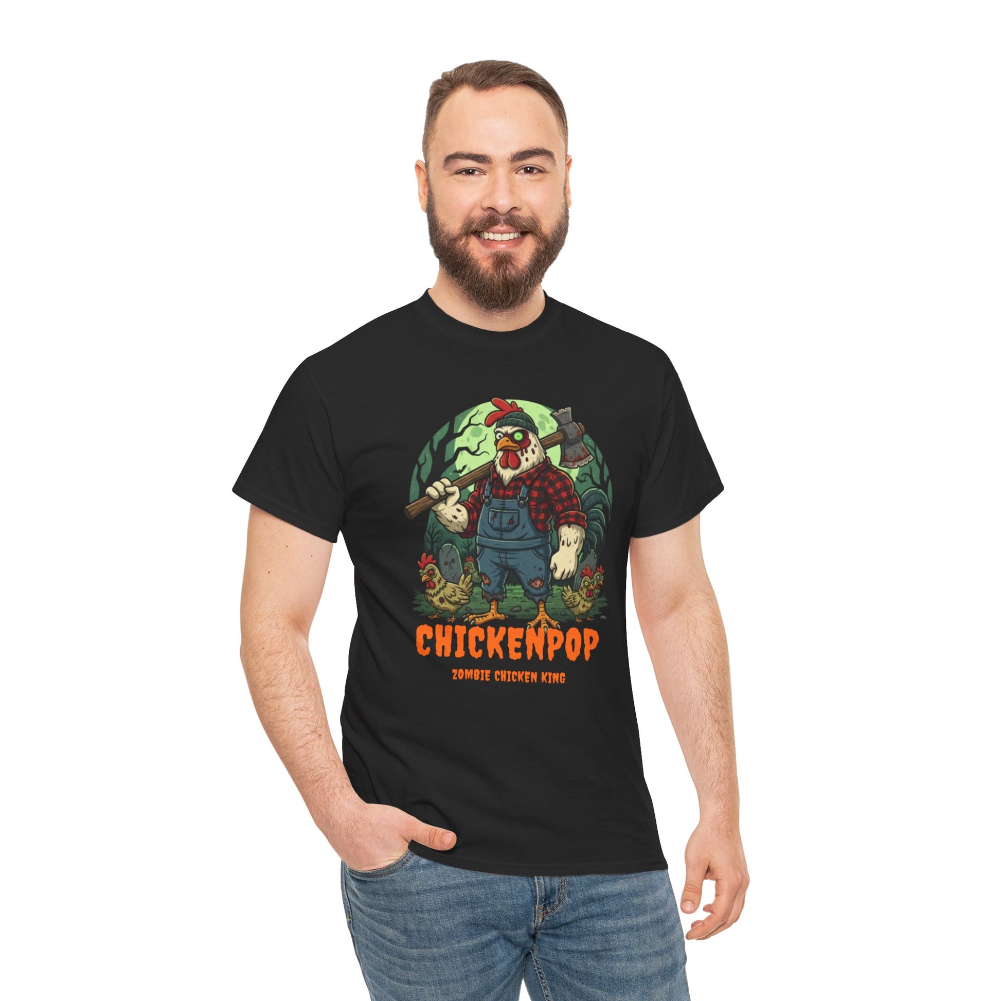Zombie Chicken Shirt - King Halloween T-Shirt features a spooky cartoon chicken with axe and crown, perfect for costume parties and horror fans.