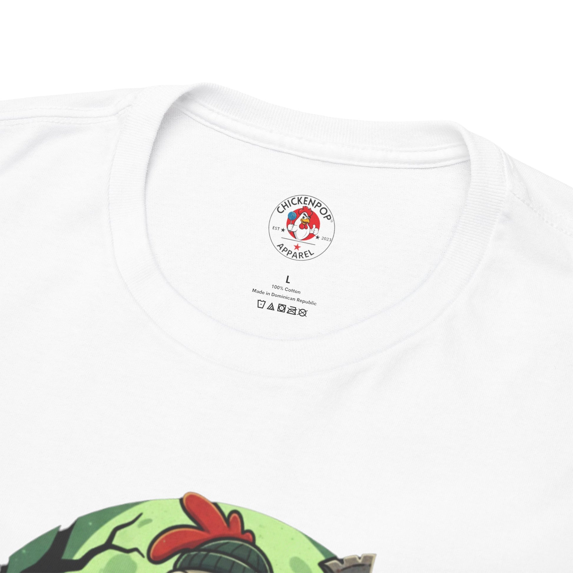 Close-up of Zombie Chicken Shirt neckline showing ChickenPop Apparel logo and spooky chicken king graphic. Unisex Halloween T-shirt in white cotton.