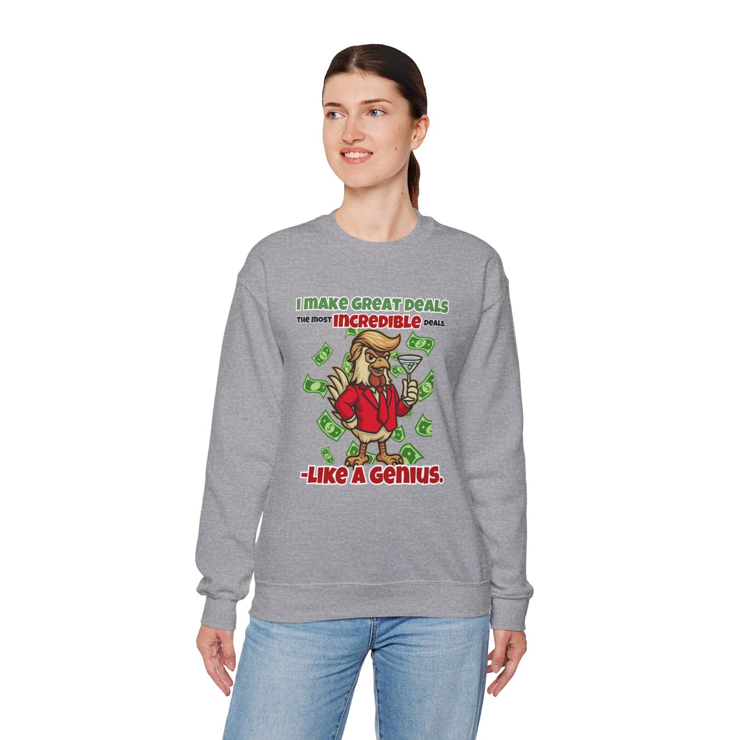 Like A Genius Crewneck Sweatshirt – Funny Political Graphic Pullover | Unisex Heavy Blend with ChickenPop Logo | Ethically Made & Cozy Cold-Weather Humor