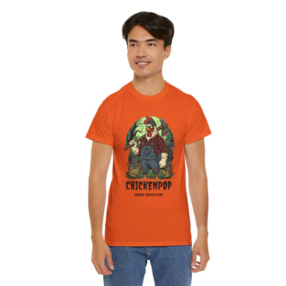 Unisex Zombie Chicken Shirt in orange featuring a spooky cartoon chicken king with axe and forest background. Fun Halloween T-shirt for horror fans.