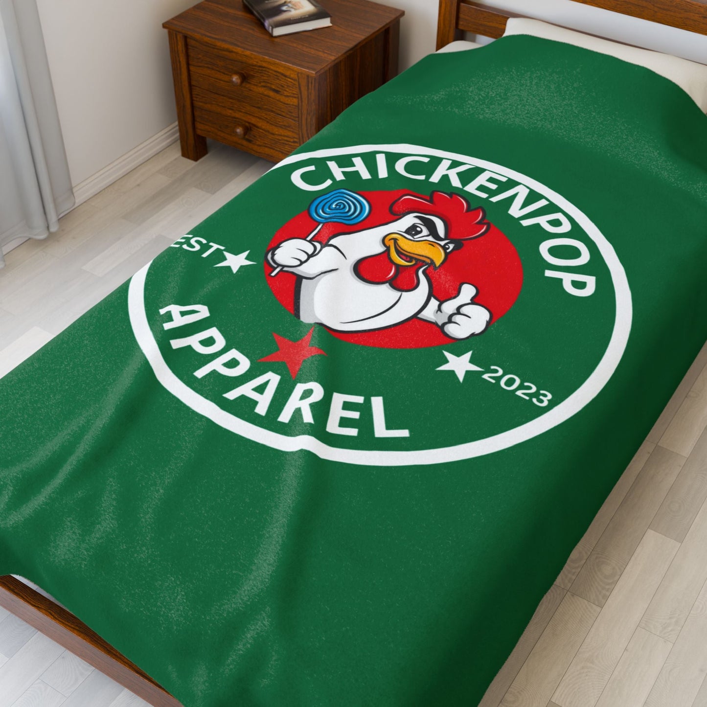 ChickenPop Original Logo Velveteen Plush Blanket Green