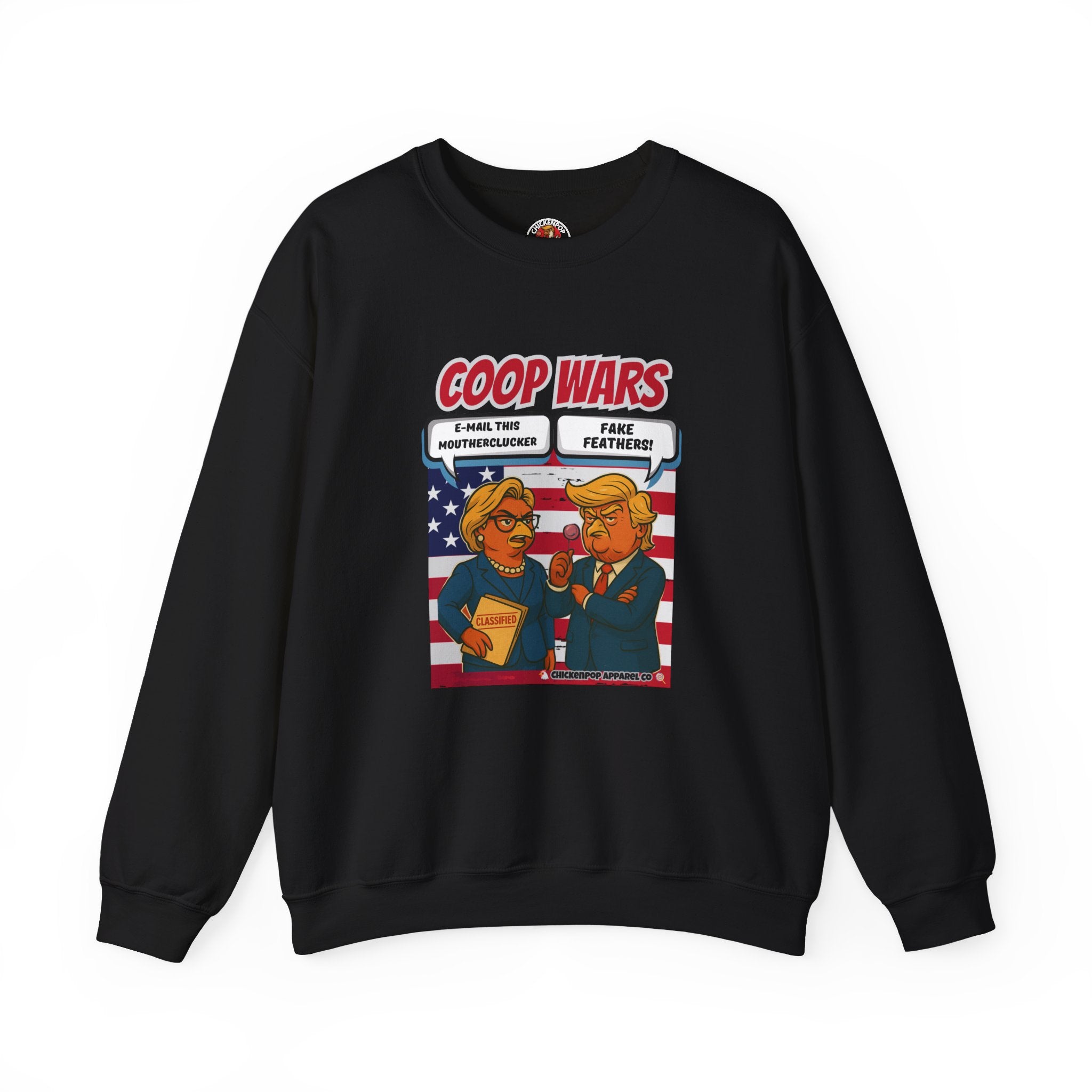 Coop Wars Crewneck Sweatshirt – Funny Political Graphic Pullover | Unisex Heavy Blend with ChickenPop Logo | Ethically Made & Cozy Cold-Weather Humor