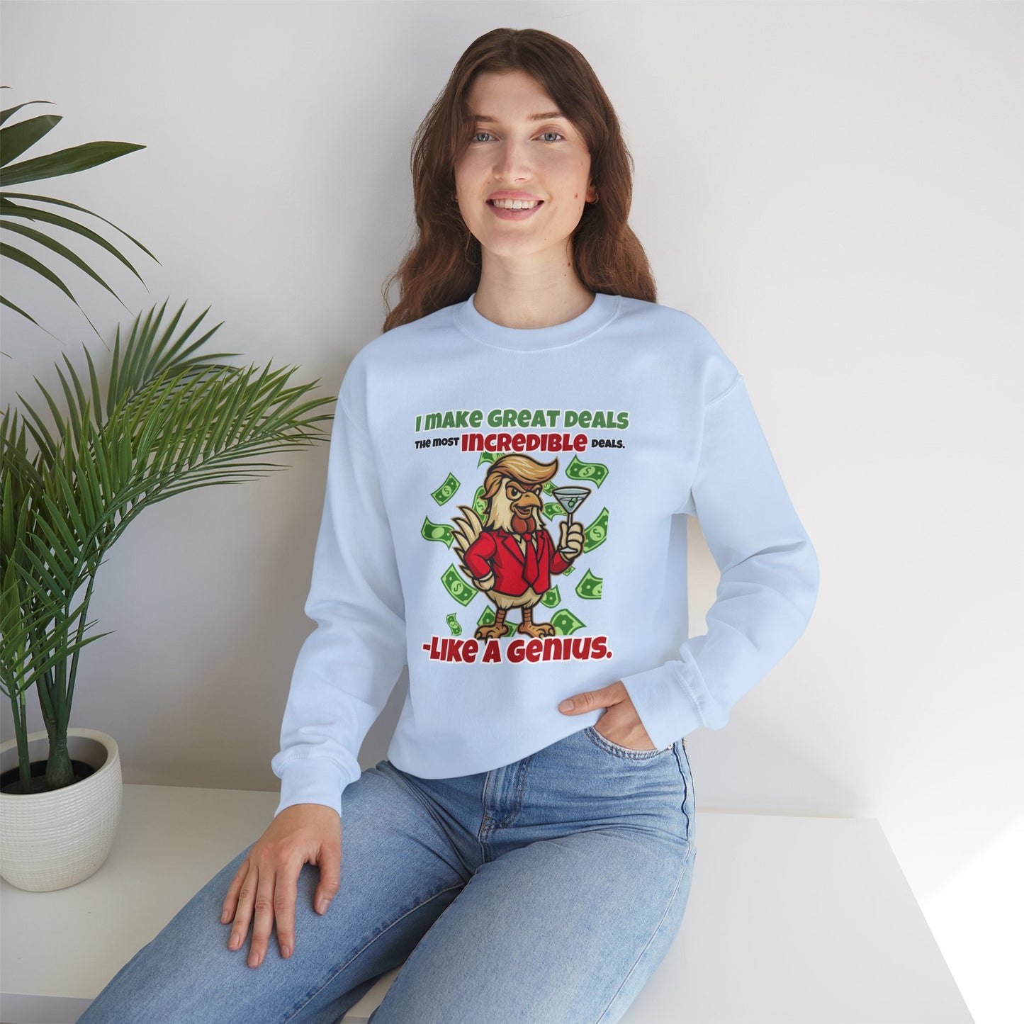 Like A Genius Crewneck Sweatshirt – Funny Political Graphic Pullover | Unisex Heavy Blend with ChickenPop Logo | Ethically Made & Cozy Cold-Weather Humor