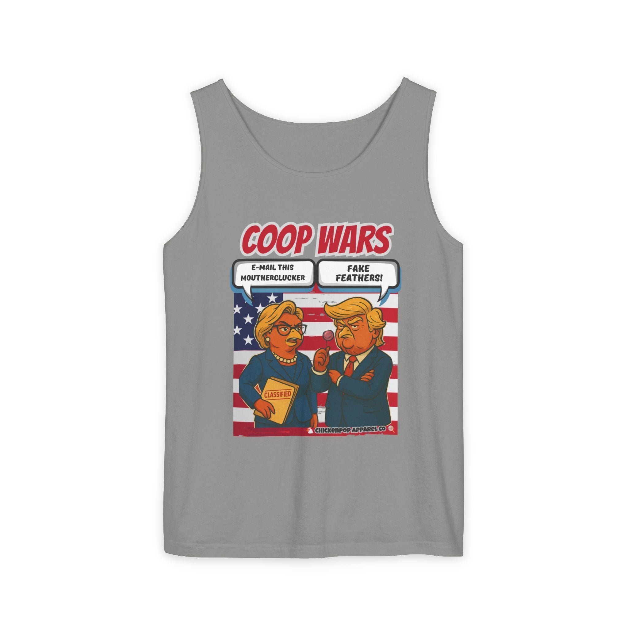 Coop Wars™ Unisex Tank Top – Hilaregg Cluckton vs. Cock-a-Doodle-Don | Political Satire Sleeveless Tee