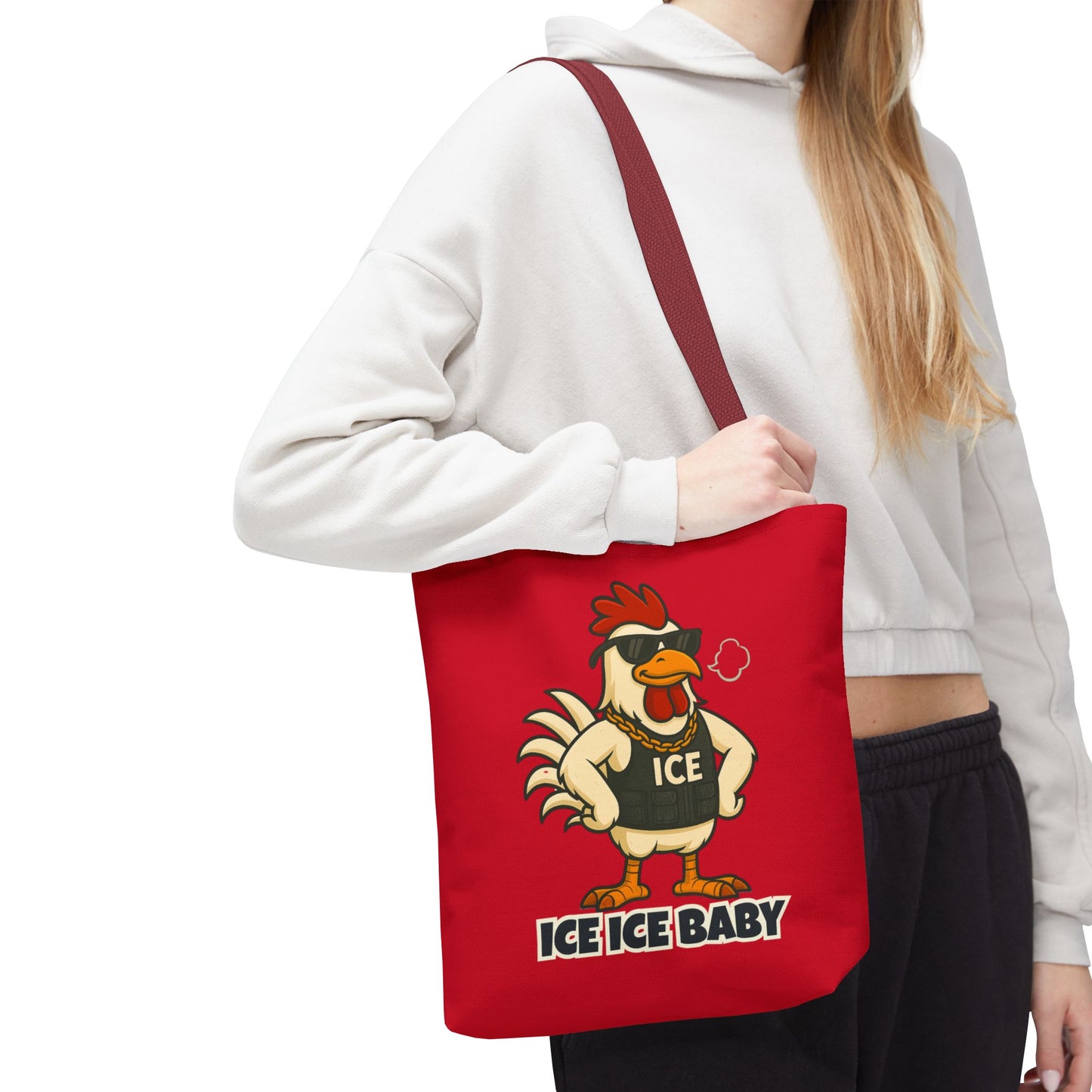Ice Ice Baby Chicken Tote Bag – Funny Coop Daddy Design, Bold Red Reusable Shopping Bag
