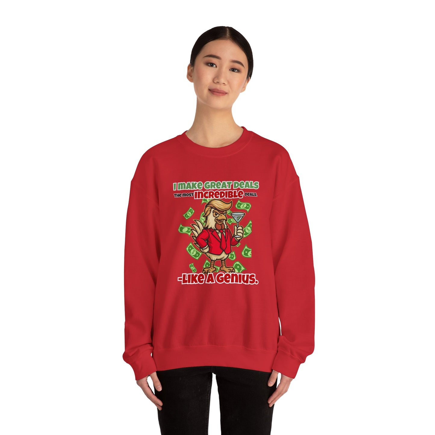 Like A Genius Crewneck Sweatshirt – Funny Political Graphic Pullover | Unisex Heavy Blend with ChickenPop Logo | Ethically Made & Cozy Cold-Weather Humor