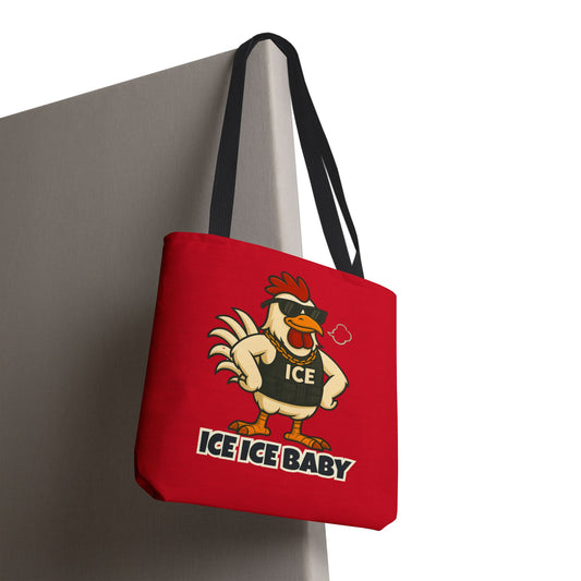 Ice Ice Baby Chicken Tote Bag – Funny Coop Daddy Design, Bold Red Reusable Shopping Bag