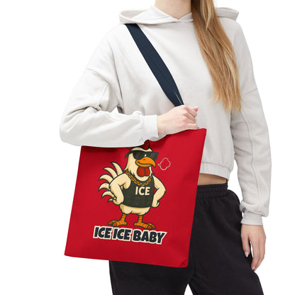 Ice Ice Baby Chicken Tote Bag – Funny Coop Daddy Design, Bold Red Reusable Shopping Bag
