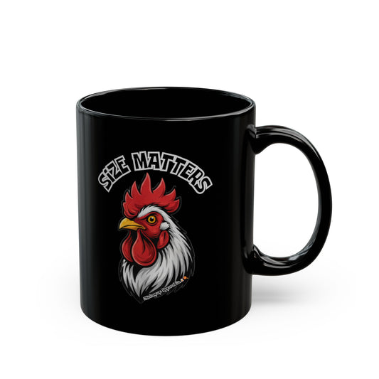 Size Matters Chickenpop Apparel Coffee Mug – Bold Black Chicken Coffee Mug with Slogan | ChickenPop Apparel Ceramic Cup (11oz & 15oz)
