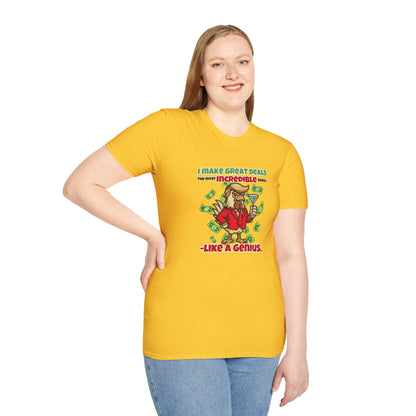 Cock-a-Doodle-Don “Like a Genius” Money Deal Rooster Tee – Funny Political Satire Shirt | ChickenPop Apparel Co.
