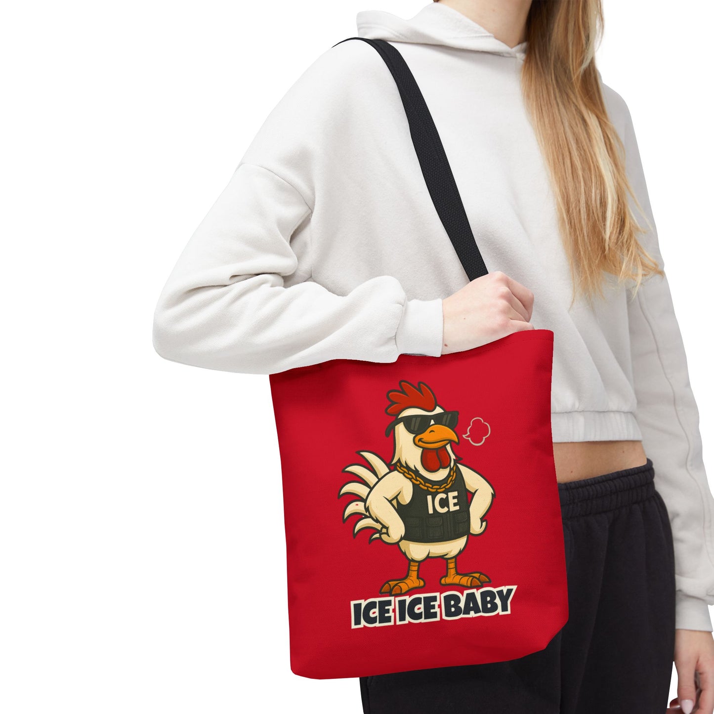 Ice Ice Baby Chicken Tote Bag – Funny Coop Daddy Design, Bold Red Reusable Shopping Bag