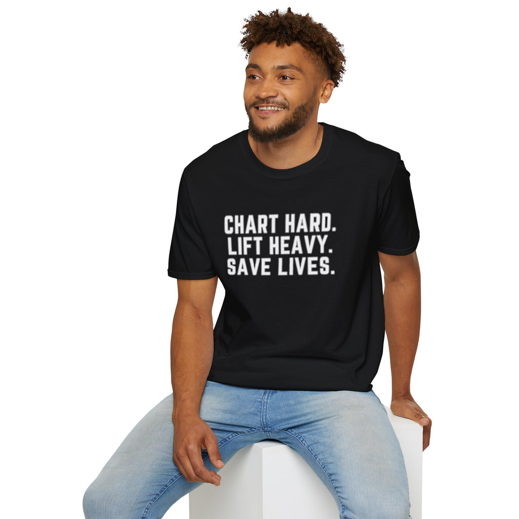 Chart Hard. Lift Heavy. Save Lives. Nurse Tee | Funny Fitness Healthcare Worker Shirt | Gym RN Apparel
